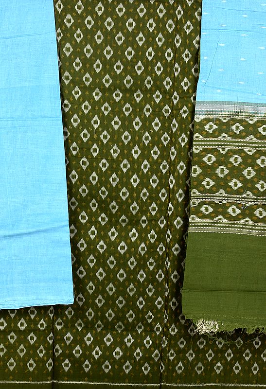 Cypress-Green Sambhalpuri Salwar Kameez Fabric from Orissa with Ikat Weave by Hand