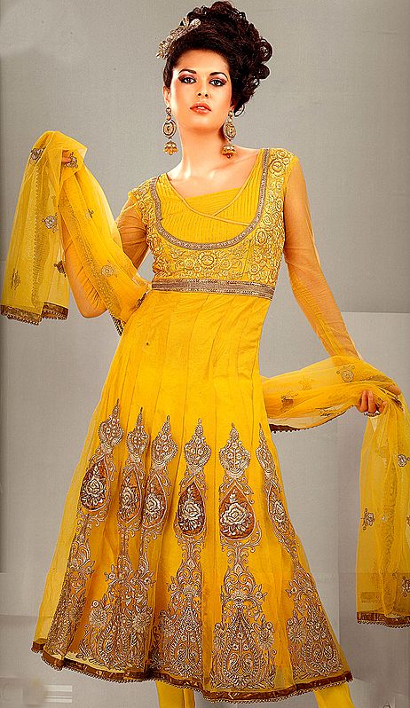Daffodil-Yellow Flaired Choodidaar Kameez Suit with Metallic Thread Embroidered Beads and Sequins All-Over