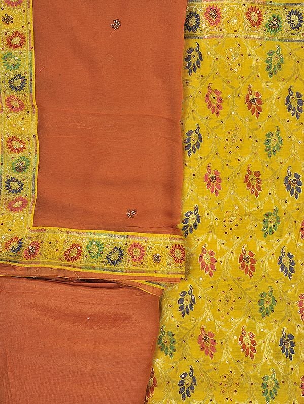 Daffodil-Yellow Salwar Kameez Fabric from Banaras with Woven Flowers and Embroidered Sequins