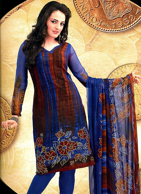 Dark Blue Printed Choodidaar Kameez Suit with Self Weave