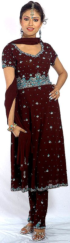Dark Coffee-Brown Anarkali Suit with Beadwork All-Over
