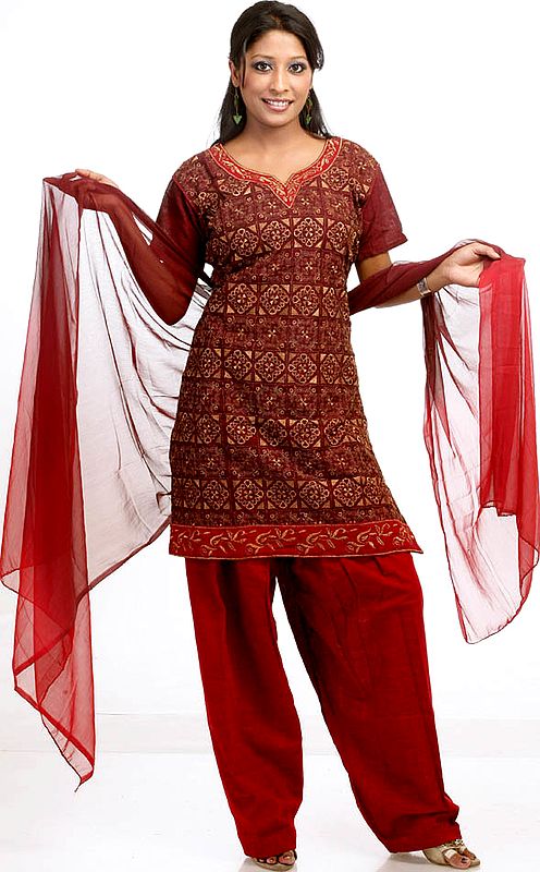 Dark Maroon and Red Salwar Kameez with All-Over Embroidery