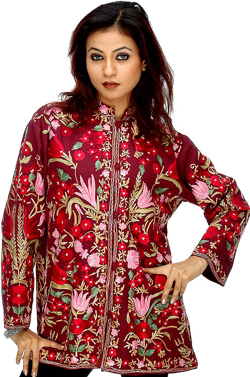 Dark Maroon Floral Kashmiri Aari Jacket