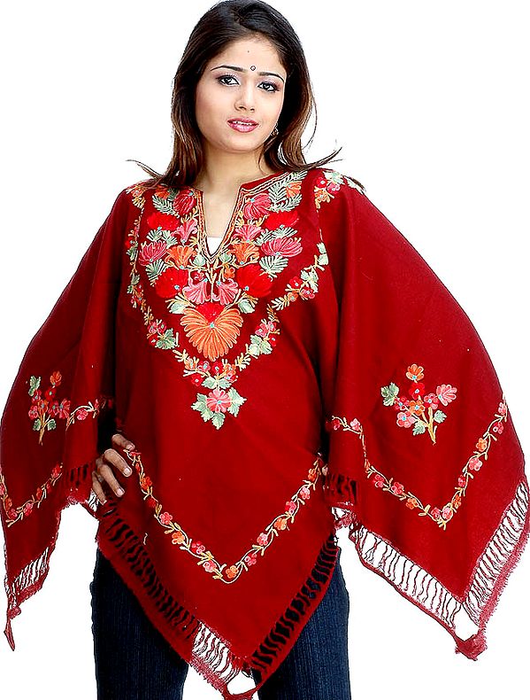 Dark Maroon Poncho with Large Flowers