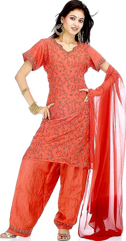 Dark Salmon Salwar Kameez from with All Over Sequins and Thread Work