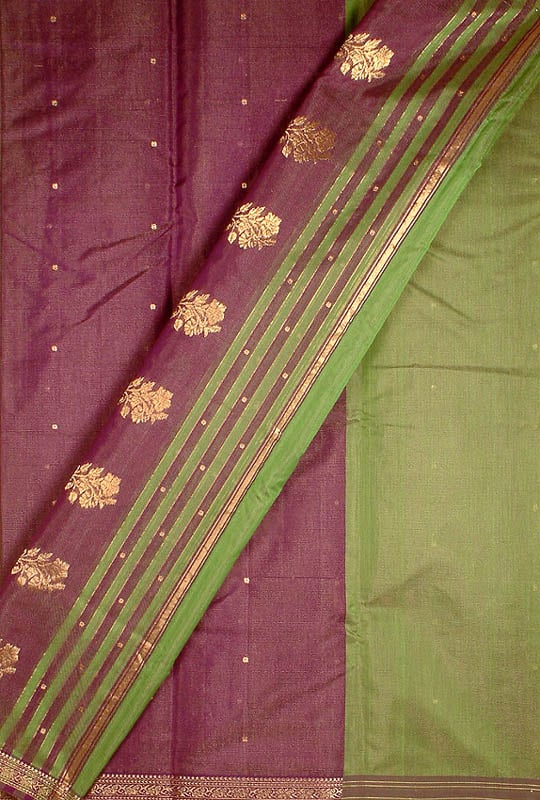 Dark Violet and Green Kora Silk Chanderi Suit with All-Over Golden Zari Weave and Bootis