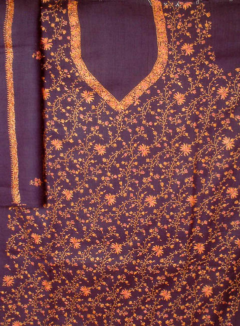 Dark-Blue Jafreen Jaal Hand-Embroidered Suit from Kashmir with Shawl