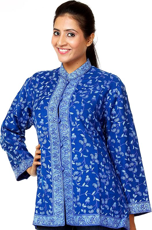 Dark-Blue Kashmiri Jacket with Hand-Embroidered Paisleys All-Over