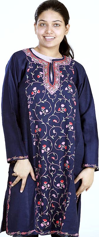 Dark-Blue Phiran from Kashmir with Embroidered Creepers