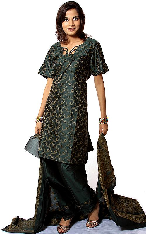 Dark-Green Banarasi Suit with All-Over Brocade Weave