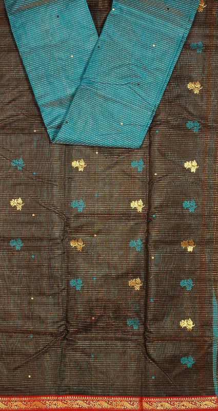 Dark-Green Chanderi Suit with Large Woven Bootis and Pin-Stripes