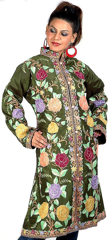 Dark-Green Long Silk Jacket with Large Embroidered Flowers