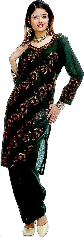 Dark-Green Two-Piece Kashmiri Salwar Kameez with All-Over Needle Embroidery