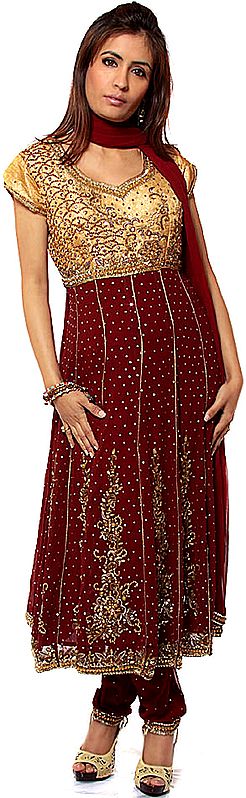Dark-Maroon Brocaded Anarkali Suit with Embroidered Sequins and Beads