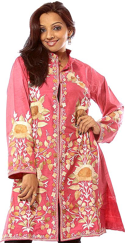 Dark-Pink Long Silk Jacket with Aari Embroidered Flowers