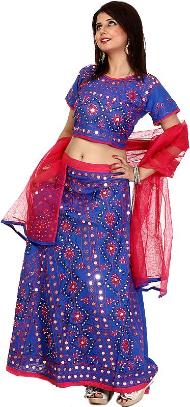 Dazzling Blue Lehenga Choli from Rajasthan with Embroidered Mirrors and Sequins