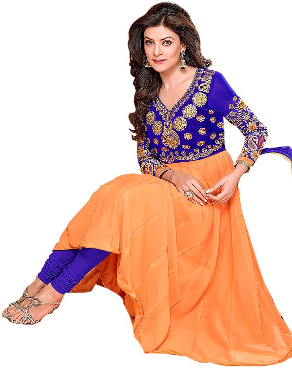 Dazzling-Blue and Orange Anarkali Kameez Suit with Aari Embroidered Flowers in Metallic Thread