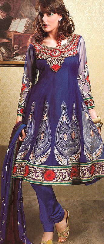 Dazzling-Blue Designer Choodidaar Suit with Beads, Sequins and Patch Border