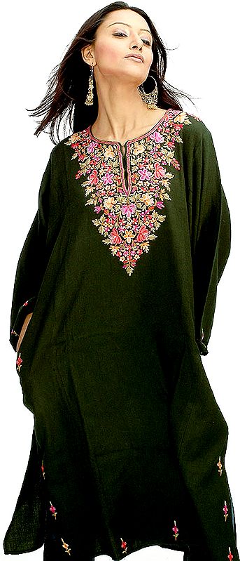 Deep Green Kashmiri Phiran with Needle Embroidery