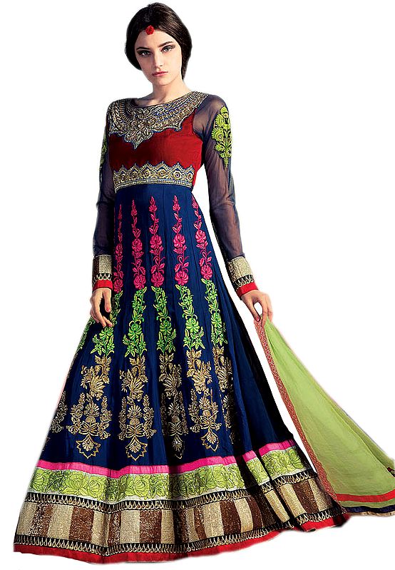 Deep-Blue Bridal Anarkali Suit with Aari Embroidery in Metallic Thread