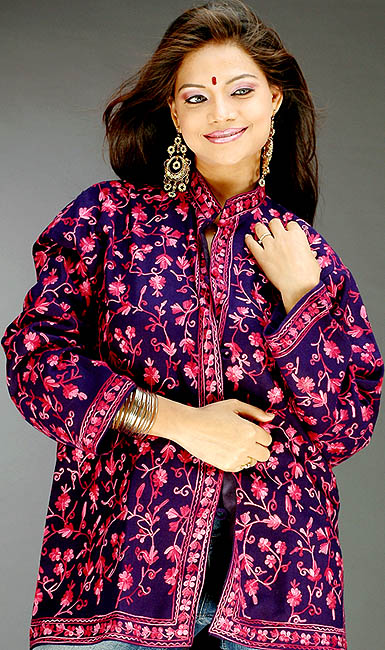 Deep-Blue Jacket from Kashmir with All-Over Ruby Red Embroidery