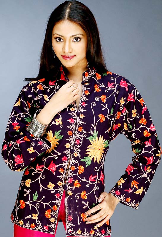 Deep-Blue Jacket with Floral Aari Embroidery