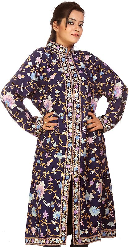 Deep-Blue Long Jacket from Kashmir with Floral Embroidery All-Over