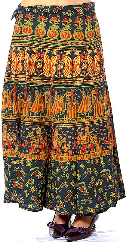 Deep-Blue Sanganeri Wrap-Around Skirt with Printed Procession