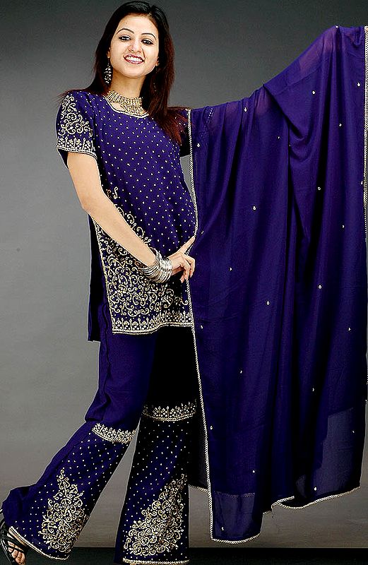 Deep-Blue Sharara Suit with All-Over Sequins