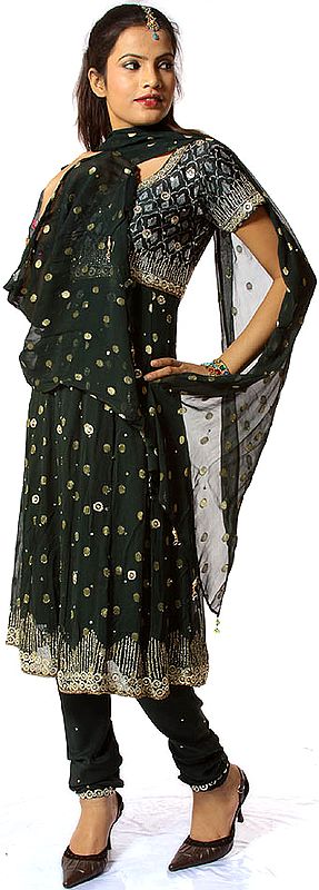 Deep-Green Anarkali Suit with Embroidered Sequins and Woven Bootis