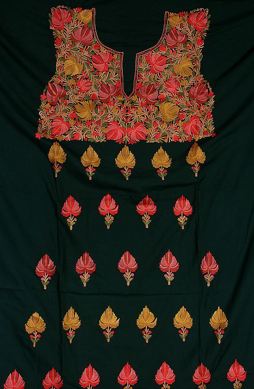 Deep-Green Two-Piece Salwar Suit from Kashmir with Floral Aari Embroidery by Hand
