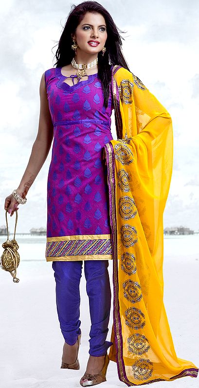 Deep-Orchid Chodidaar Suit with Woven Betel Leaves and Embroidered Patch Boder