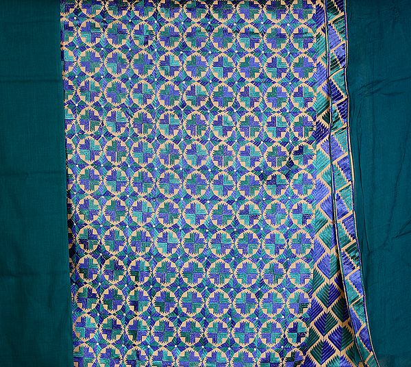 Deep-Teal Green Phulkari Salwar Kameez Fabric from Punjab with Aari Embroidery