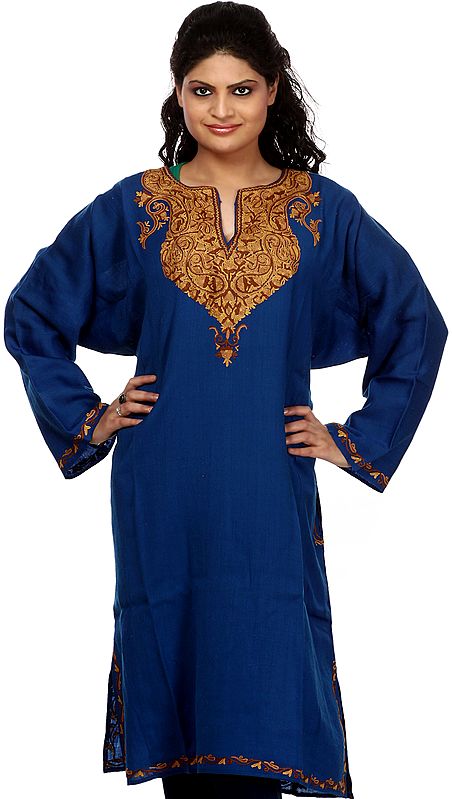 Delft-Blue Kashmiri Phiran with Hand Embroidered Paisleys on Neck and Border