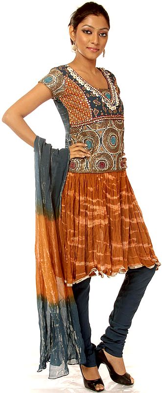 Denim-Blue and Brown Choodidaar Suit with Embroidery and Beadwork
