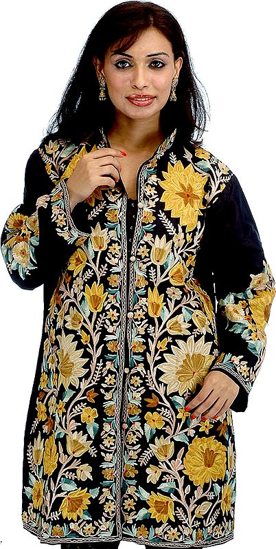 Densely Embroidered Black Silk Jacket with Large Sunflowers
