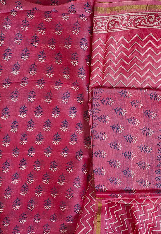 Desert-Rose Chanderi Salwar Kameez Fabric with Printed Flowers All Over
