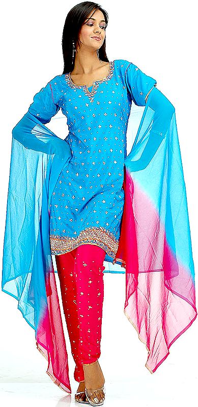 Dodger Blue and Fuchsia Choodidaar Suit with Beads and Sequins