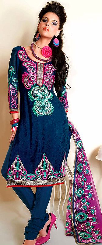 Dress Blues Choodidaar Suit with Self Weave and Metallic Thread Embroidery