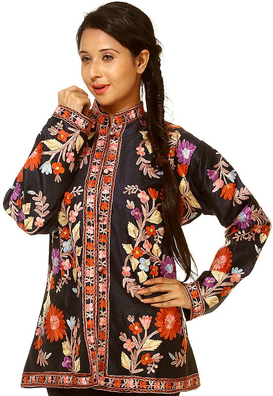 Dress-Blue Jacket From Kashmir with All-Over Aari Embroidered Flowers