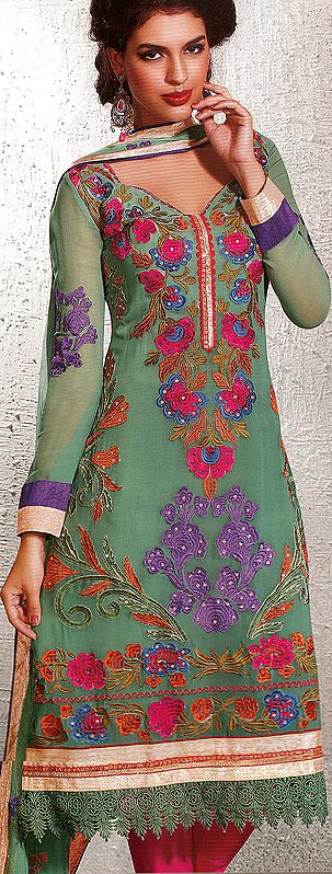 Dusty-Jade Green Choodidaar Suit with Crewel Embroidered Flowers and Crochet Border