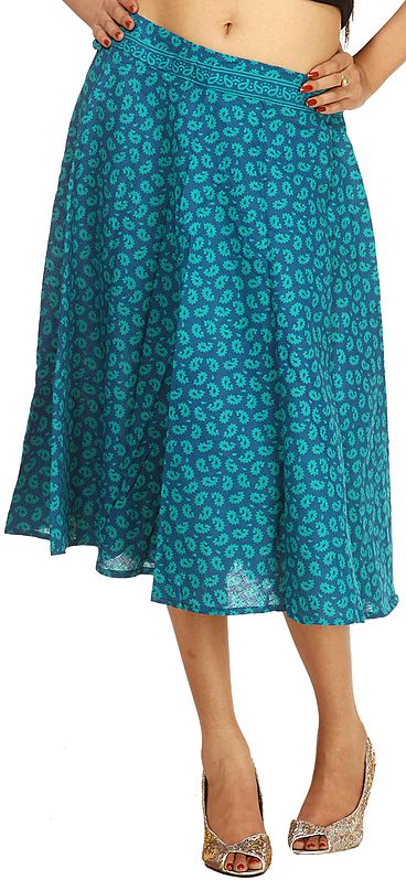 Dutch-Blue Drawstring Skirt with Paisleys Printed All-Over