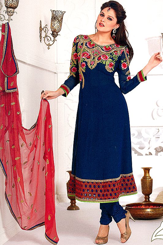 Eclipse-Blue Choodidaar Kameez Suit with Metallic Thread Embroidery on Neck and Patch Border