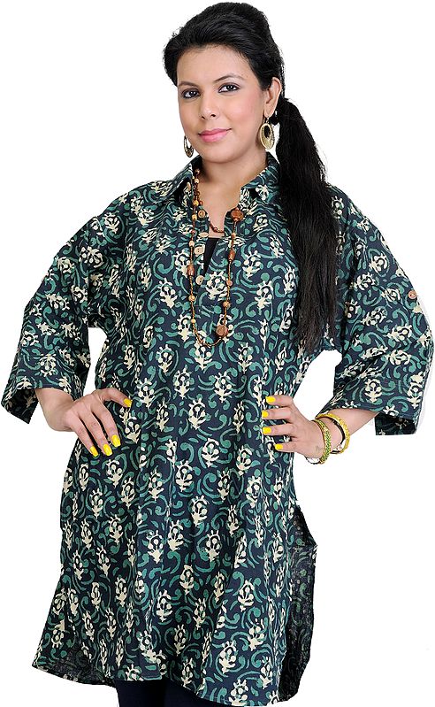 Eclipse-Green Kurti with Black Printed Flowers