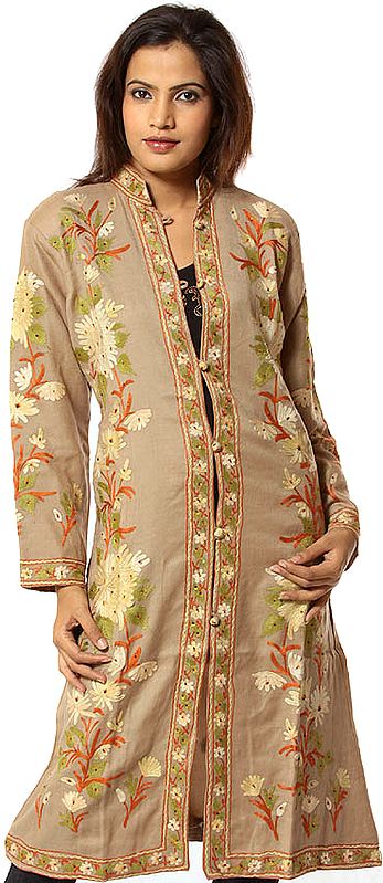 Ecru Long Kashmiri Jacket with All-Over Embroidery and Sequins