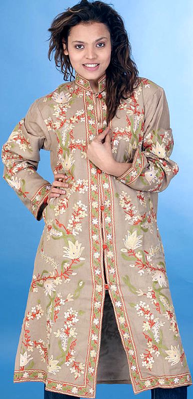 Ecru Long Kashmiri Jacket with All-Over Embroidery and Beadwork
