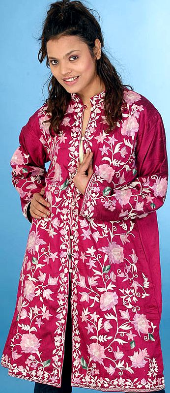 Eggplant Long Silk Jacket with Floral Embroidery
