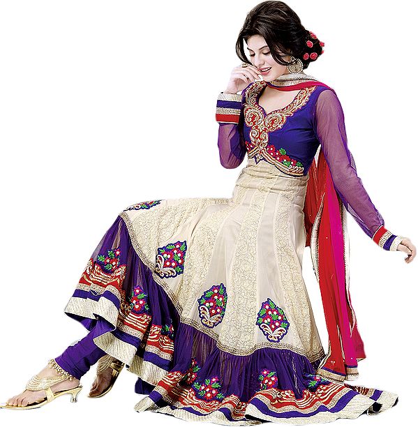 Egret and Violet Anarkali Suit with Patch Bootis and Ornate Bustier
