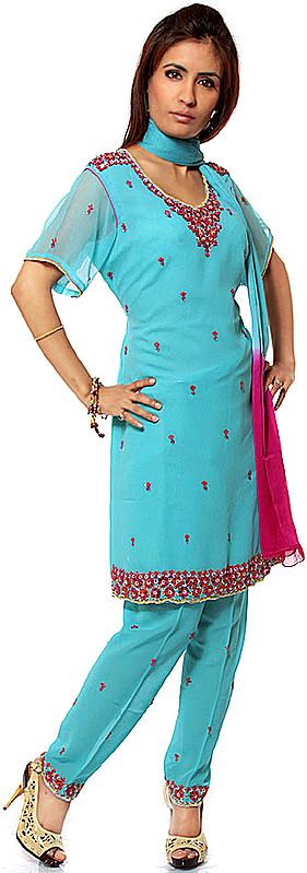 Electric-Blue Choodidaar Suit with Beads Embroidered as Flowers