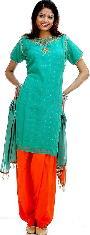 Emerald Green and Orange Salwar Kameez with Threadwork